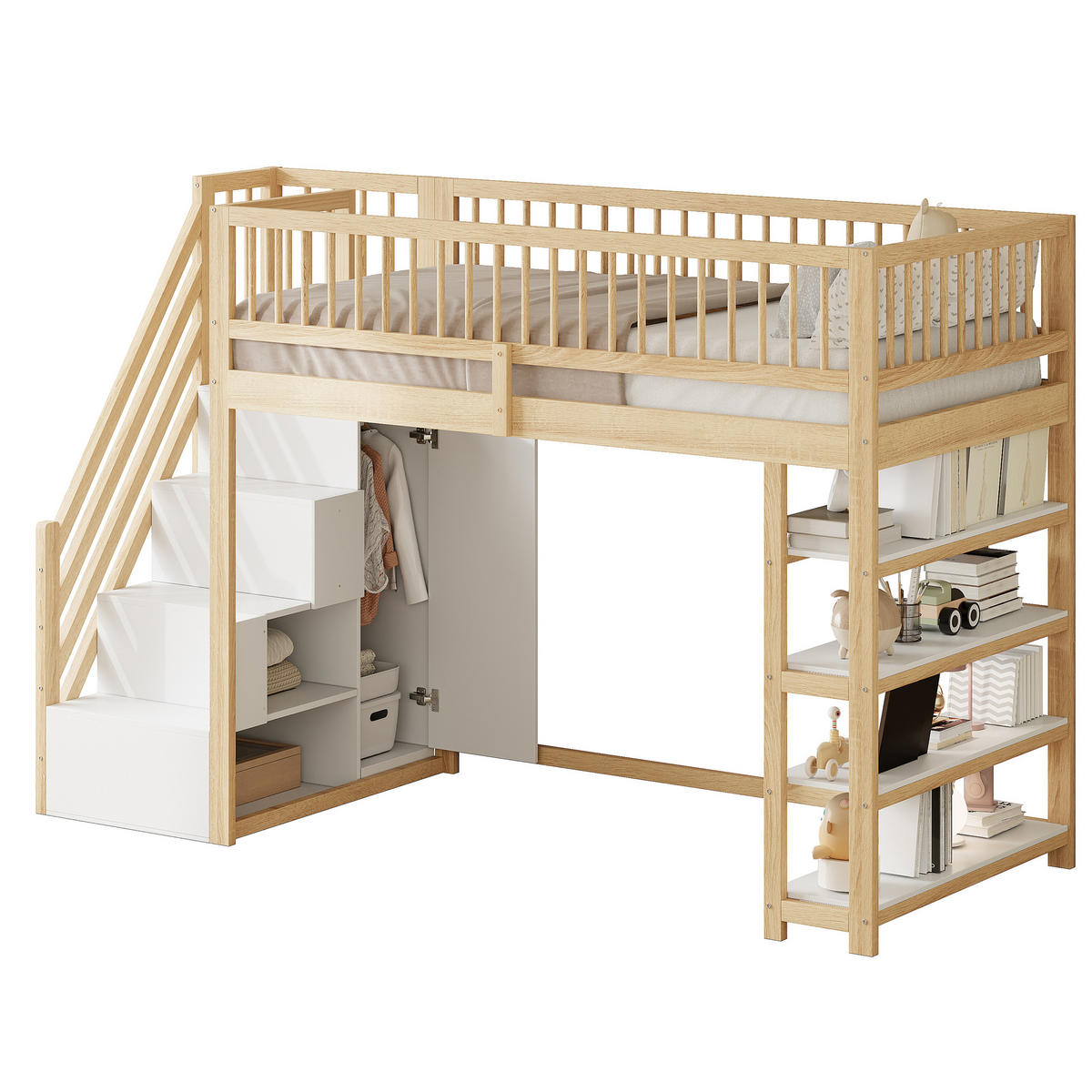 HOCHBETT 90/200 cm in Natur mit Kleiderschrank, Regalen und Sicherheitsleiter - Naturfarben, Holz/Holzwerkstoff (90/200cm) - CHICFURN