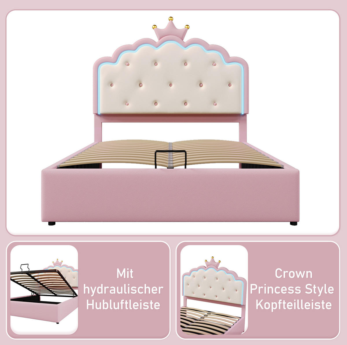 POLSTERBETT 140/200 cm rosa aus PU mit LED und Stauraum - Rosa, Kunststoff (140/200cm) - OKWISH
