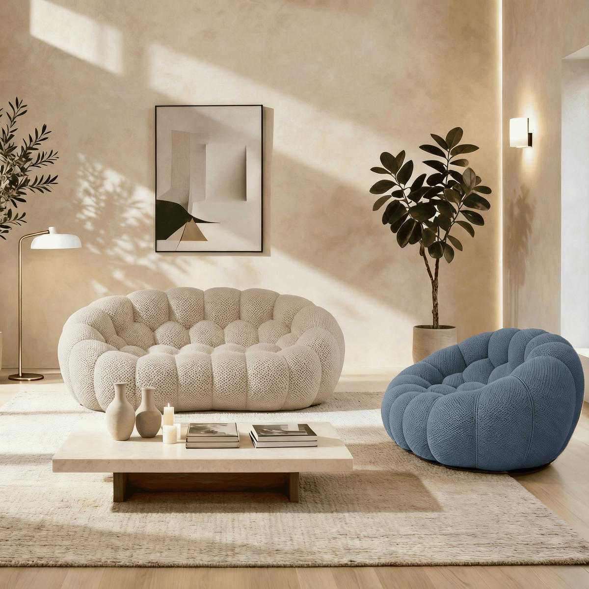 SITZGARNITUR Cocoon Sofa und Sessel Sand und Blau - Sandfarben/Blau, Textil (190/75/113cm) - COCO Living