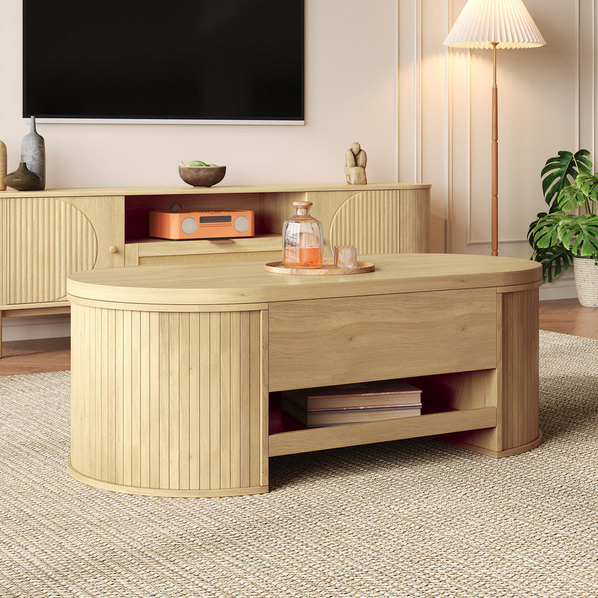 COUCHTISCH Anhebbar Ausziehbares Regal Gebogene Holzseiten Multifunktional - Braun, Holz (125.1/60.96/14.61cm) - FLIEKS