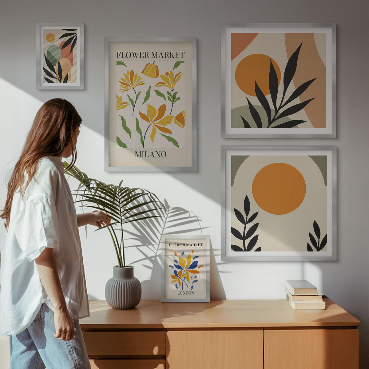WANDBILDER 5er Set - 50x50 cm & 20x30 cm & 40x60 cm Silberner Rahmen - Abstrakte geometrische Formen - Silberfarben, Kunststoff (40/60cm) - ArtPrintCave