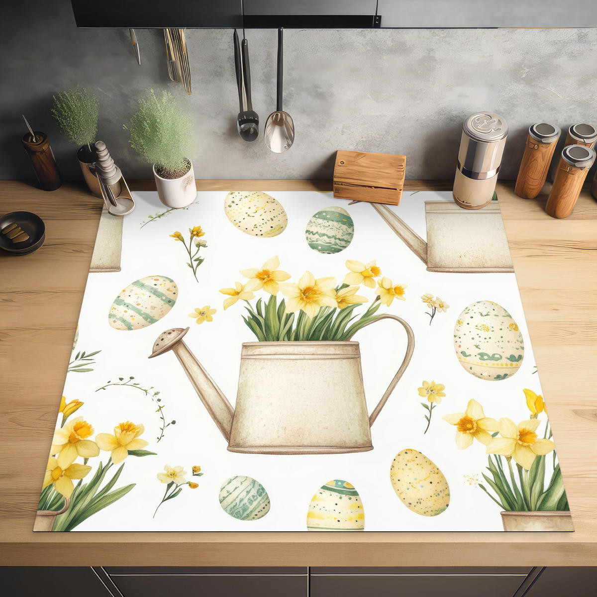 HERDABDECKPLATTE Gießkanne - Blumen - Eier Induktionsmatte 78x78 cm - Weiß, Kunststoff (78/78/0.2cm) - MuchoWow