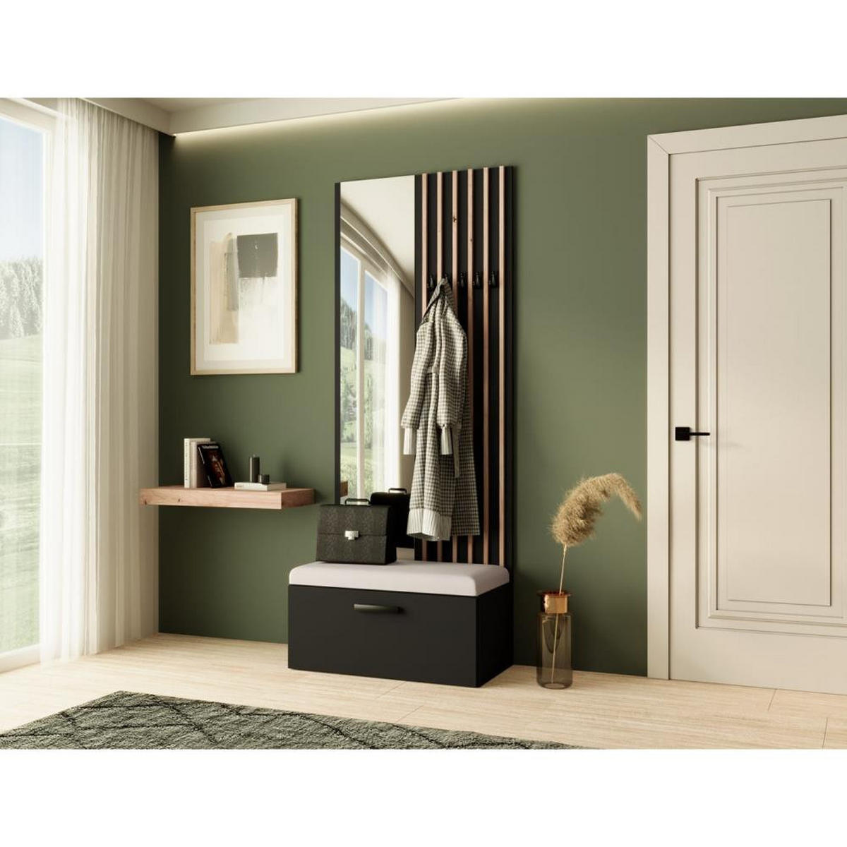 GARDEROBE Margaret II 81/203/43 mit Lamellen und Spiegel - Schwarz/Weiß, Holzwerkstoff/Kunststoff (81/203/43cm) - Beautysofa