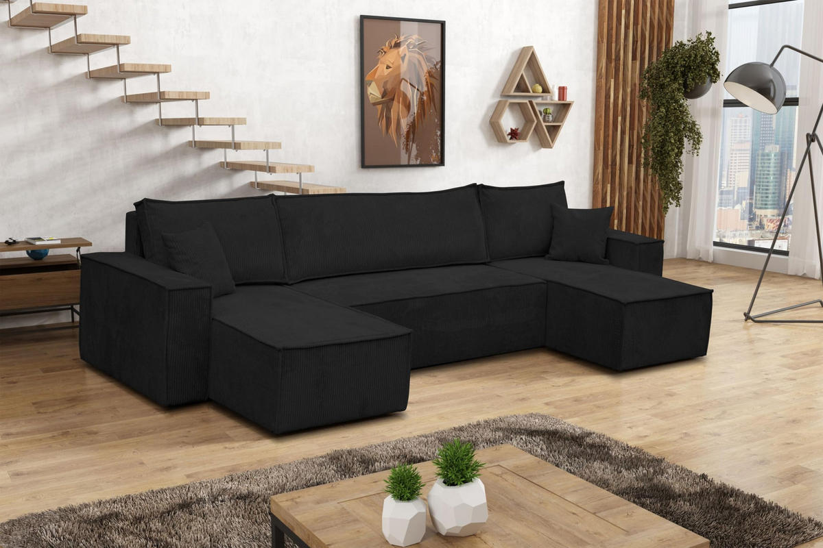 WOHNLANDSCHAFT Hugo U-Form Cordstoff mit Schlaffunktion und Bettkasten - Schwarz, Textil (312/83/142cm) - VENASI MÖBEL