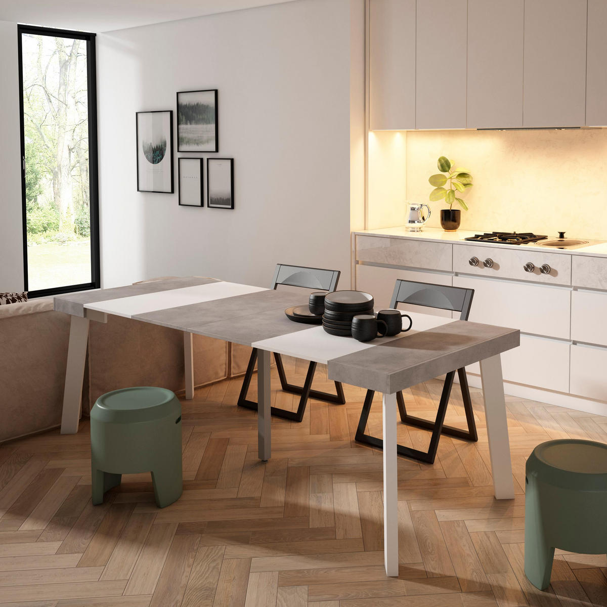 KONSOLENTISCH ausziehbar 58 bis 222cm, für 10 Gäste, weiß zementgrau, 90/58/73cm - Weiß/Grau, Holzwerkstoff (90/222/73cm) - Skraut Home