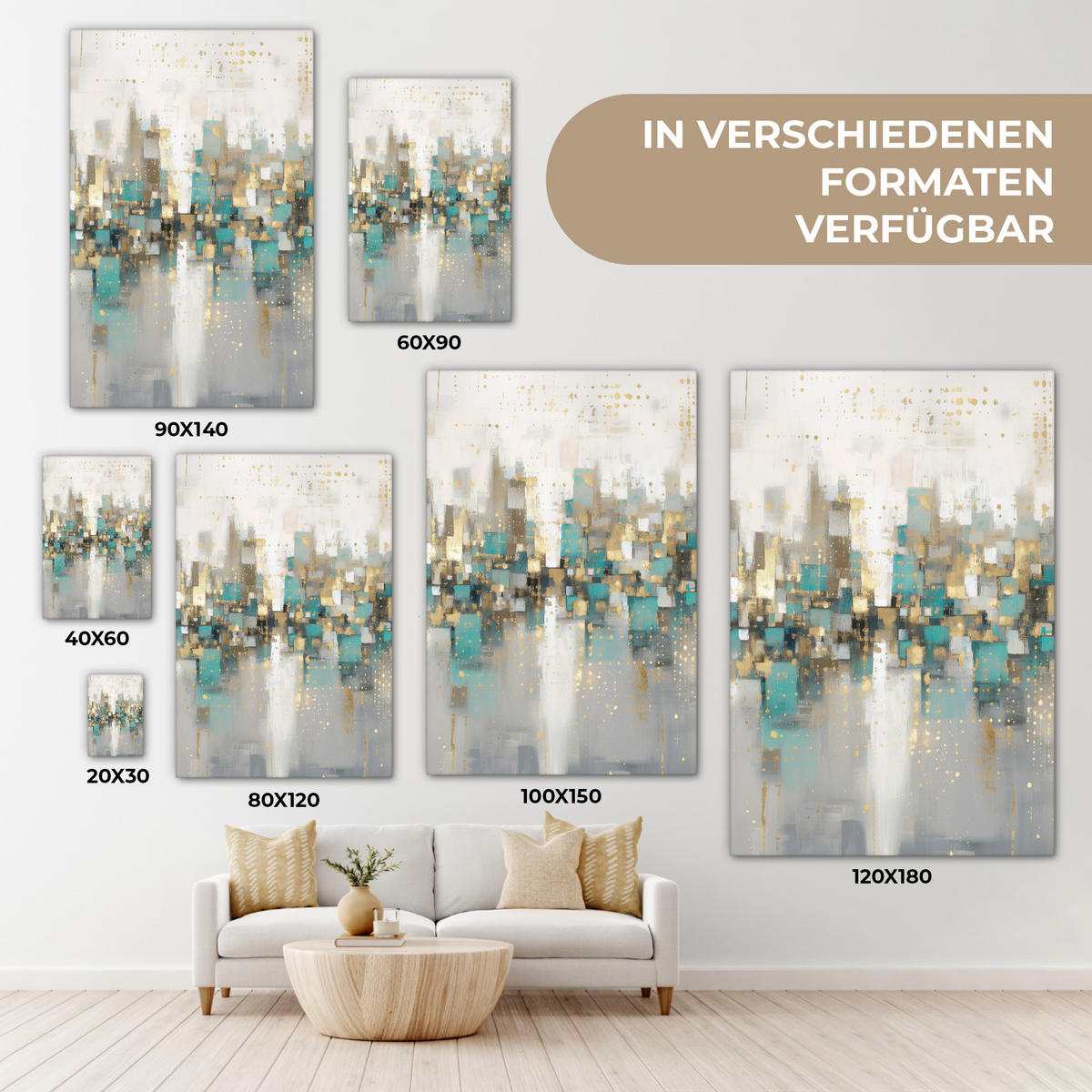 LEINWANDBILD Abstrakt - Blöcke - Gold - Skyline Wanddeko 40x60 cm - Beige, Textil (40/60cm) - MuchoWow