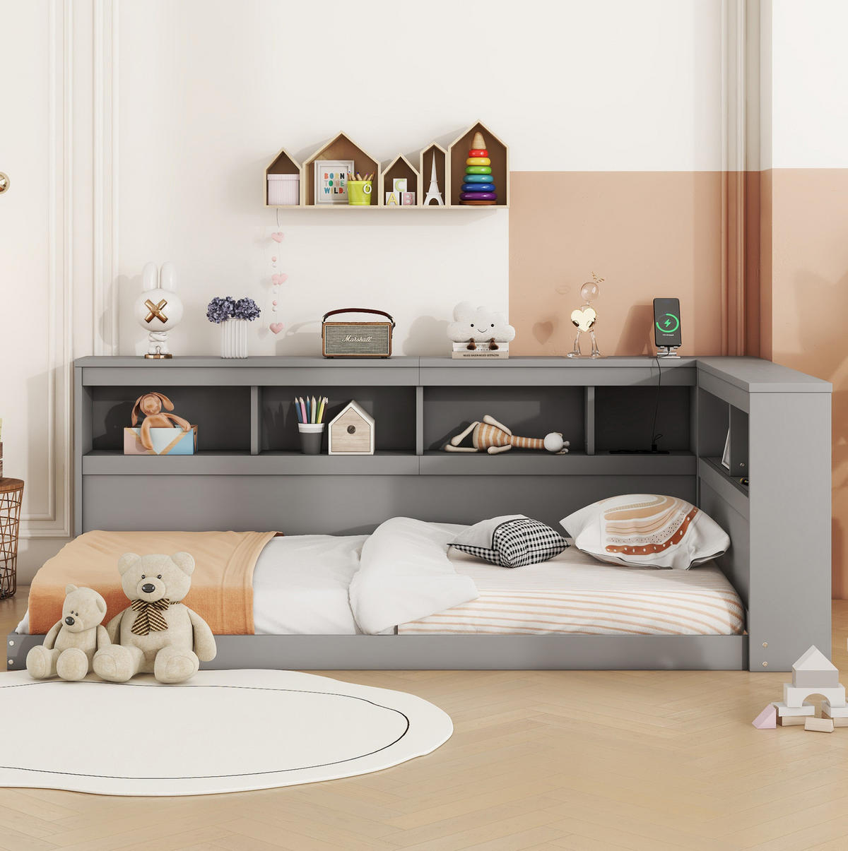 TAGESBETT 90/200 cm mit Steckdose, 2 USB-Anschlüssen, Ablagefächern und Lattenrost, Grau - Grau, Holzwerkstoff (90/200cm) - Redom