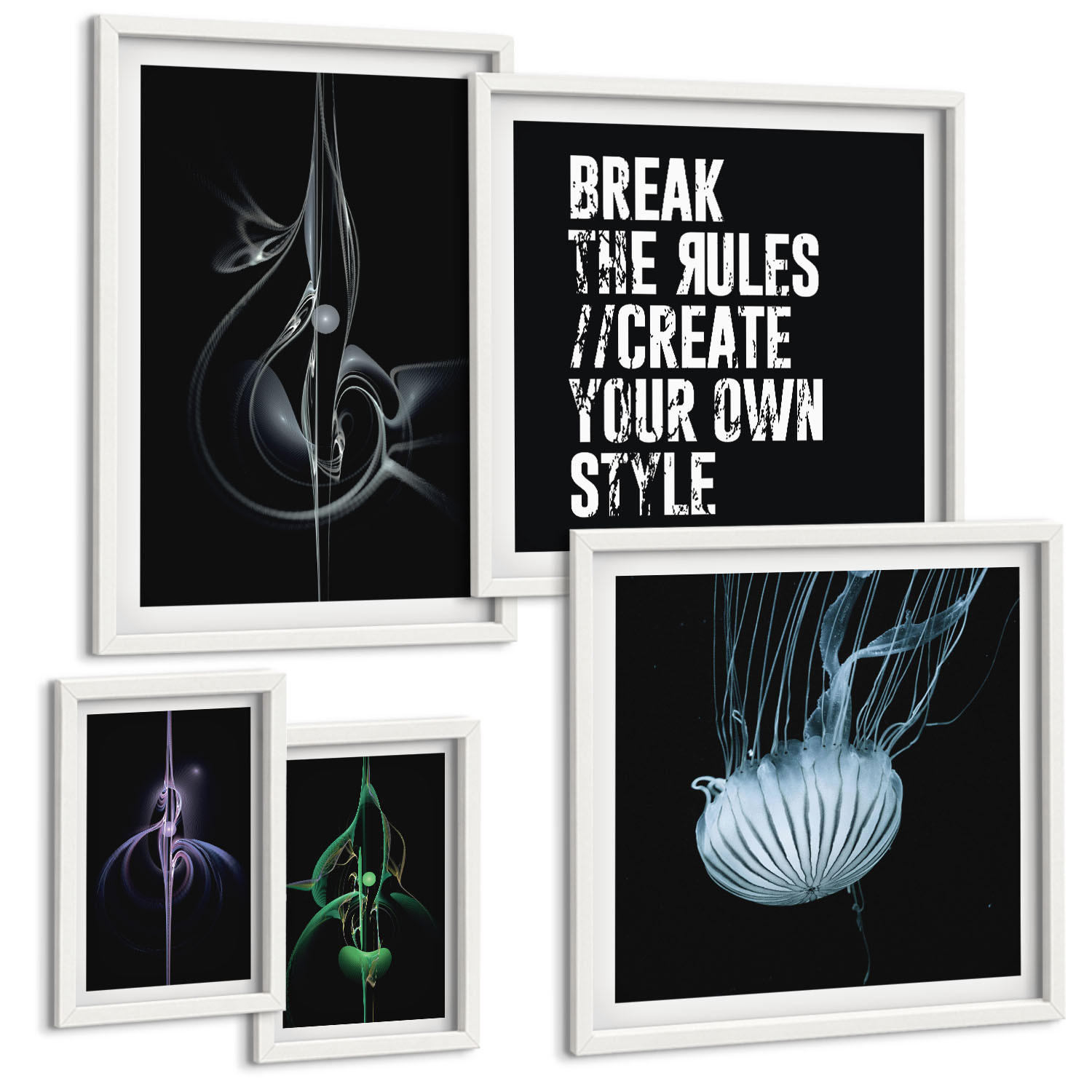 BILDER SET 5er Set - 50x50 cm & 20x30 cm & 40x60 cm Weißer Rahmen - Abstrakte Darstellung von grauen Katzenrosen - Weiß, Kunststoff (40/60cm) - TULUP