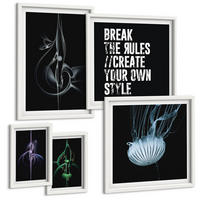 BILDER SET 5er Set - 50x50 cm & 20x30 cm & 40x60 cm Weißer Rahmen - Abstrakte Darstellung von grauen Katzenrosen - Weiß, Kunststoff (40/60cm) - TULUP