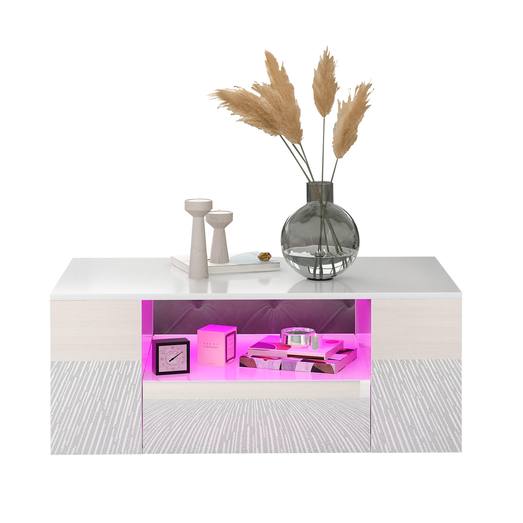 COUCHTISCH 95/53/37 cm hochglänzend mit 2 Schubladen und LED-Beleuchtung - Weiß, Holzwerkstoff (95/53/37cm) - OKWISH