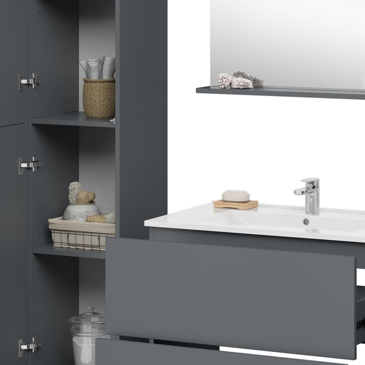 BADMÖBEL-SET Izan Grau 4 Teile mit Hochschrank - Grau, Holzwerkstoff (80/59.3/46cm) - Vicco