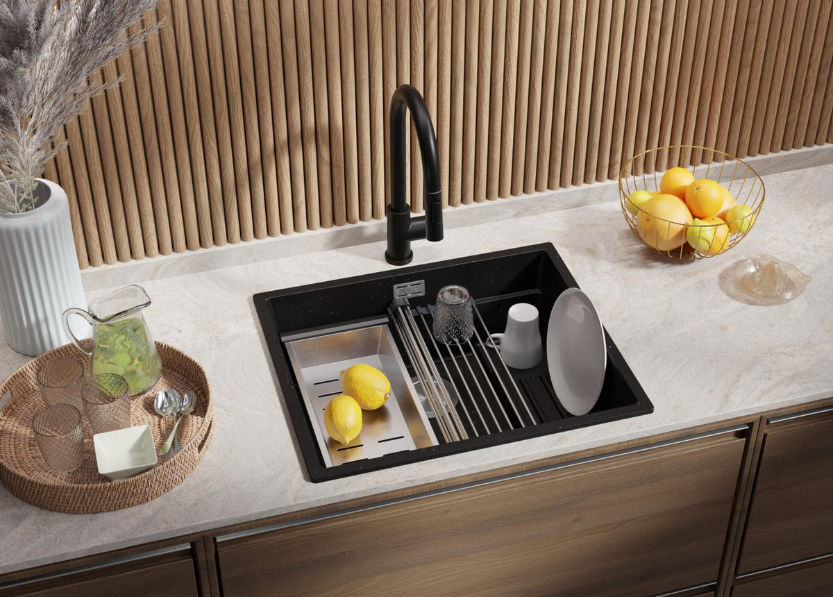 SPÜLBECKEN Praga Slim, 2-er set Schwarz Metallic 56/47 cm 1 Becken + Ablauf-Set + Aufrollbare Abtropffläche ab 60er Unterschrank - Chromfarben/Schwarz Hochglanz, Kunststoff (56/20/47cm) - Primagran