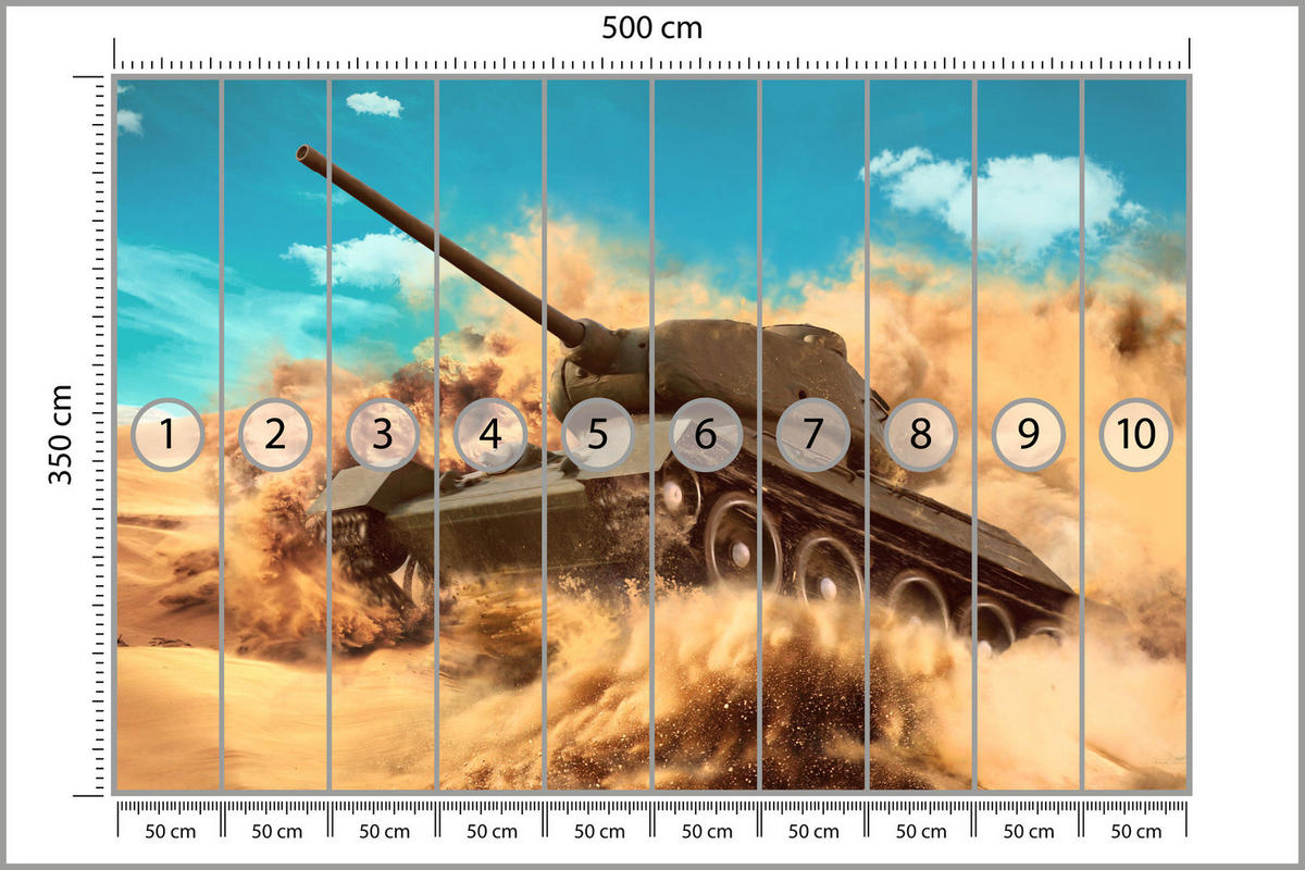 FOTOTAPETE für Jugendzimmer Kampfs Panzer Wüste Sand Dynamik 500x350 - Blau/Beige, Papier (500/350cm) - Muralo