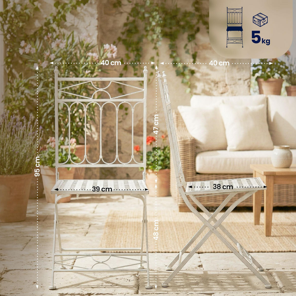 GARTENKLAPPSTUHL 2er Set Metall Antik Weiß - Weiß, Metall (42/94/40cm) - CLP