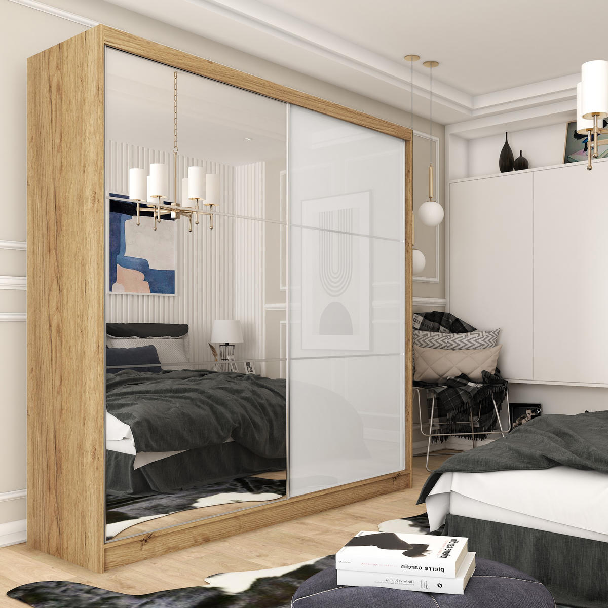 SCHWEBETÜRENSCHRANK VITALE 200/216/61 cm 2-türig mit Spiegel Sonoma Eiche - Weiß/Sonoma Eiche, Holzwerkstoff (200/216/61cm) - MASSENO