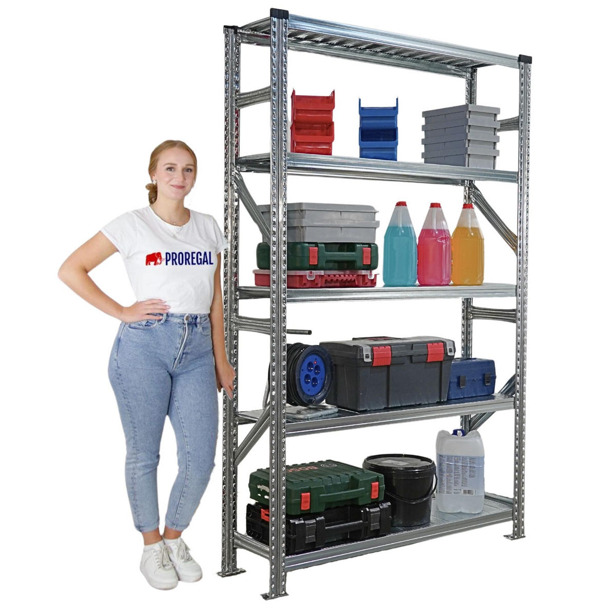 FACHBODENREGAL Proximo Stecksystem 200x120x32cm 5 Ebenen Fachlast 200 kg Beidseitig nutzbar Verzinkt - Silberfarben, Metall (120/200/32cm) - PROREGAL