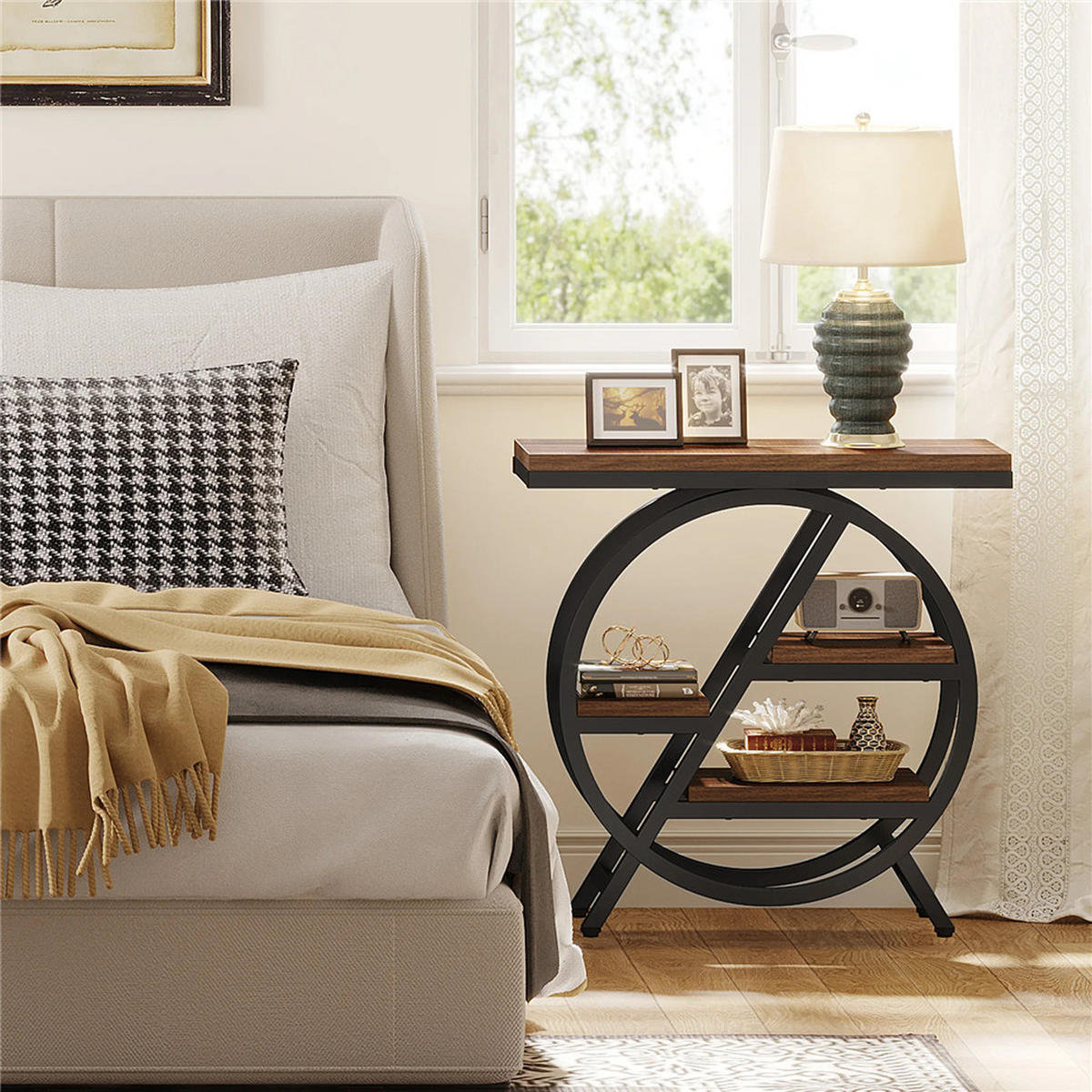 BEISTELLTISCH schmal Holz mit Ablage Industrial Sofa Tisch modern - Braun, Metall (30/65/66cm) - Kaket