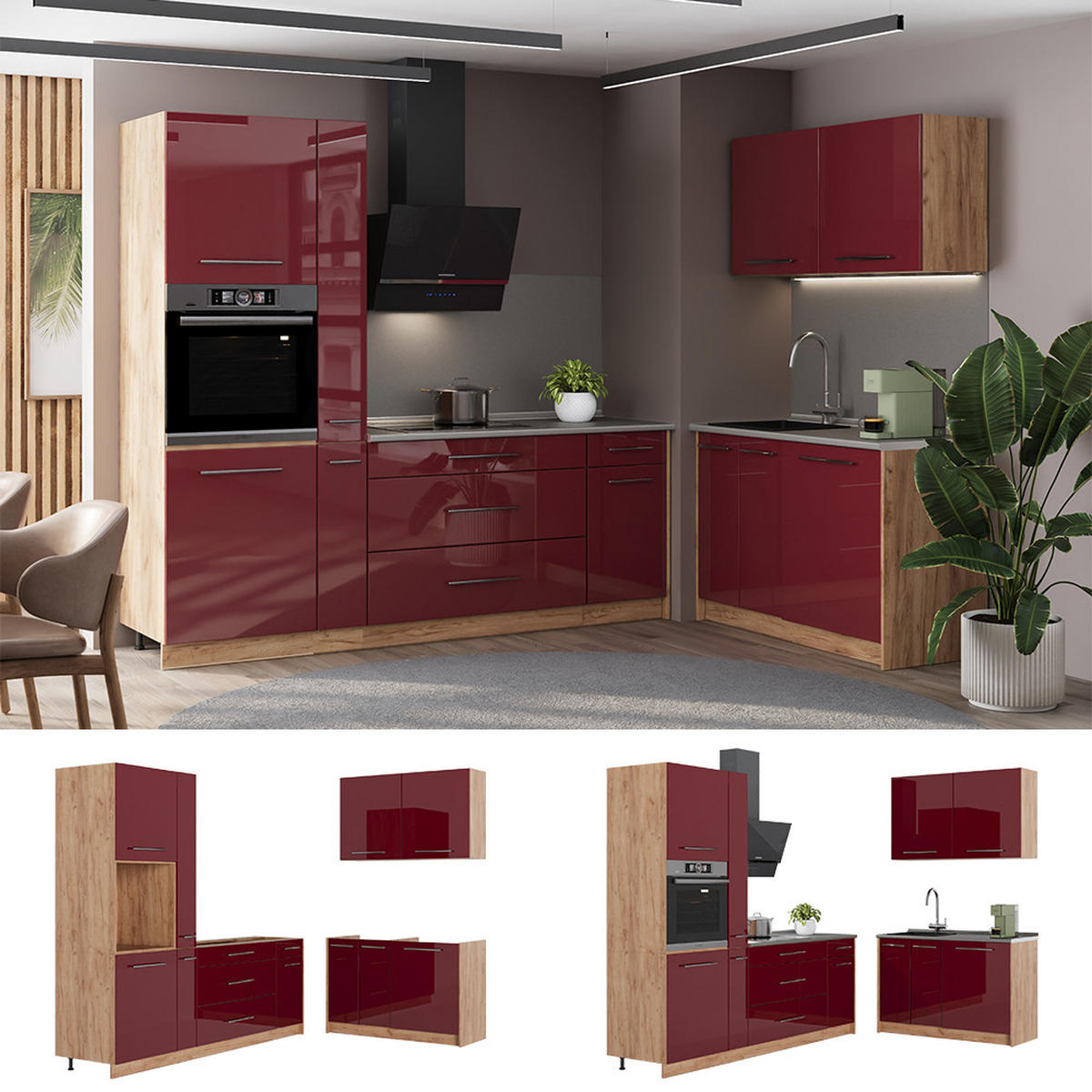 KUCHYNĚ Fame-Line, Bordó červená vysoký lesk/Zlatý mocný dub, 220 x 120 cm, PD Antracit - bordeaux/medově dubová, kompozitní dřevo (220/206.8/60cm) - Vicco