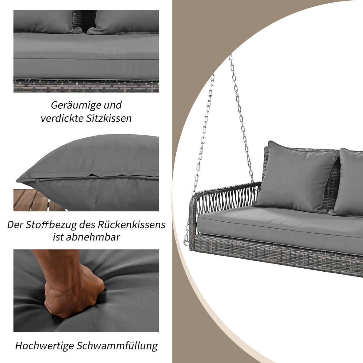 HOLLYWOODSCHAUKELL 2-Sitzer Grau Rattan Mit Waschbaren Kissen - Grau, Naturmaterialien (54/53/114cm) - FLIEKS