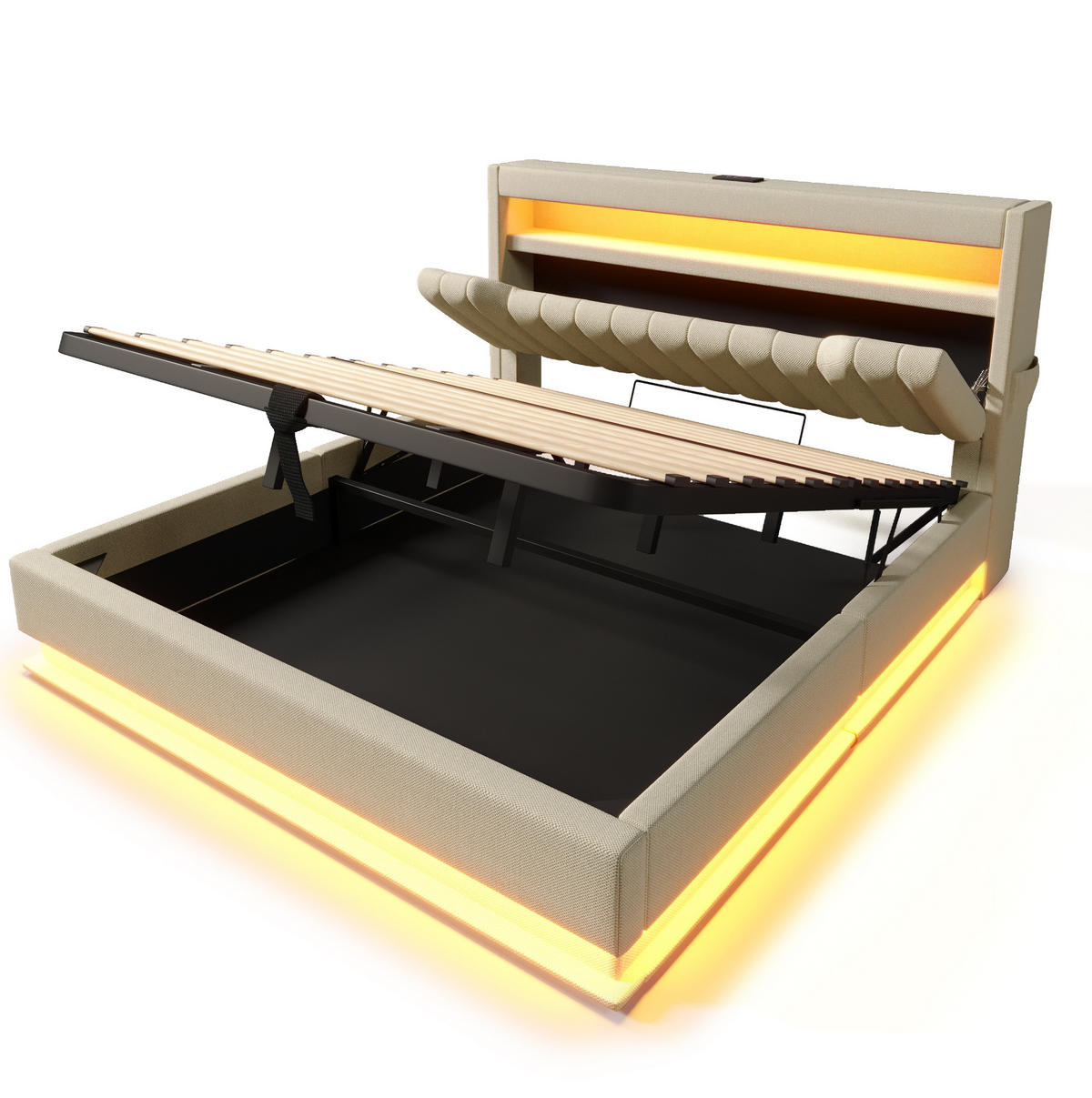 POLSTERBETT mit Stauraum, LED und USB 140x200 cm Beige Leinen - Beige, Metall (140/200cm) - Meubliv