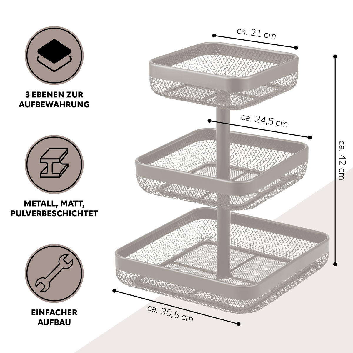 OBSTETAGERE 3-STÖCKIG eckig Metall taupe - Taupe, Metall (31.5cm) - eluno