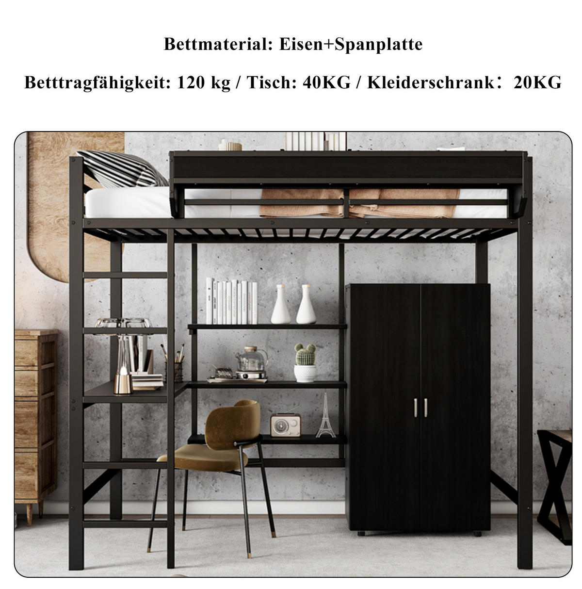 ETAGENBETT 90/200 cm Schwarz mit Tisch und Kleiderschrank - Weiß, Metall (90/200cm) - Flora Grace