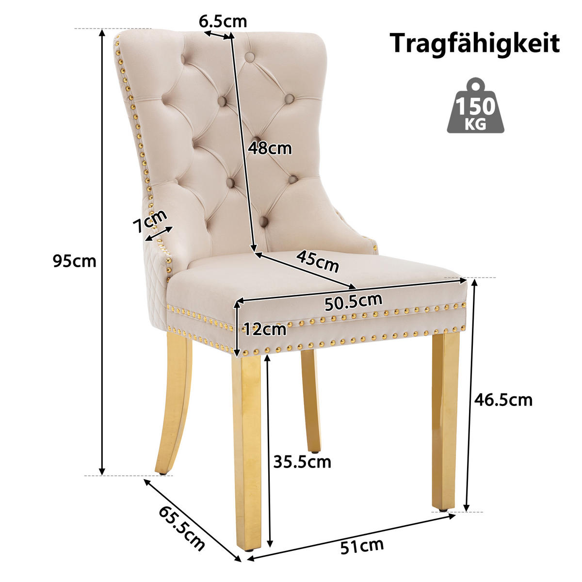 ESSZIMMERSTUHL 2-Tlg Samt Beige Gold, Nagelkopf, Gold Beine - Beige, Textil (50.5/95/45cm) - FLIEKS
