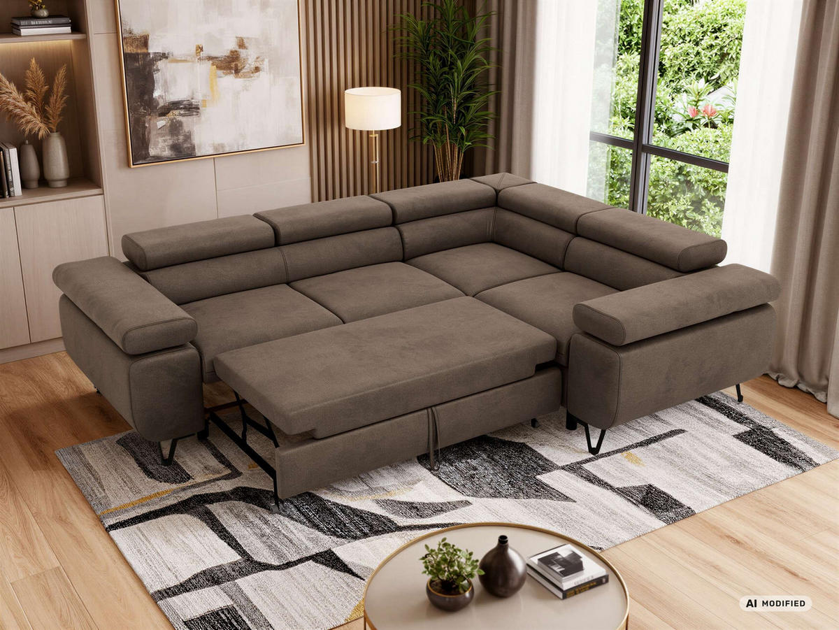 ECKSOFA FALCO L - Braun Velvet - Rechts Seite - Dunkelbraun/Schwarz, Textil/Metall (268/197cm) - MKS
