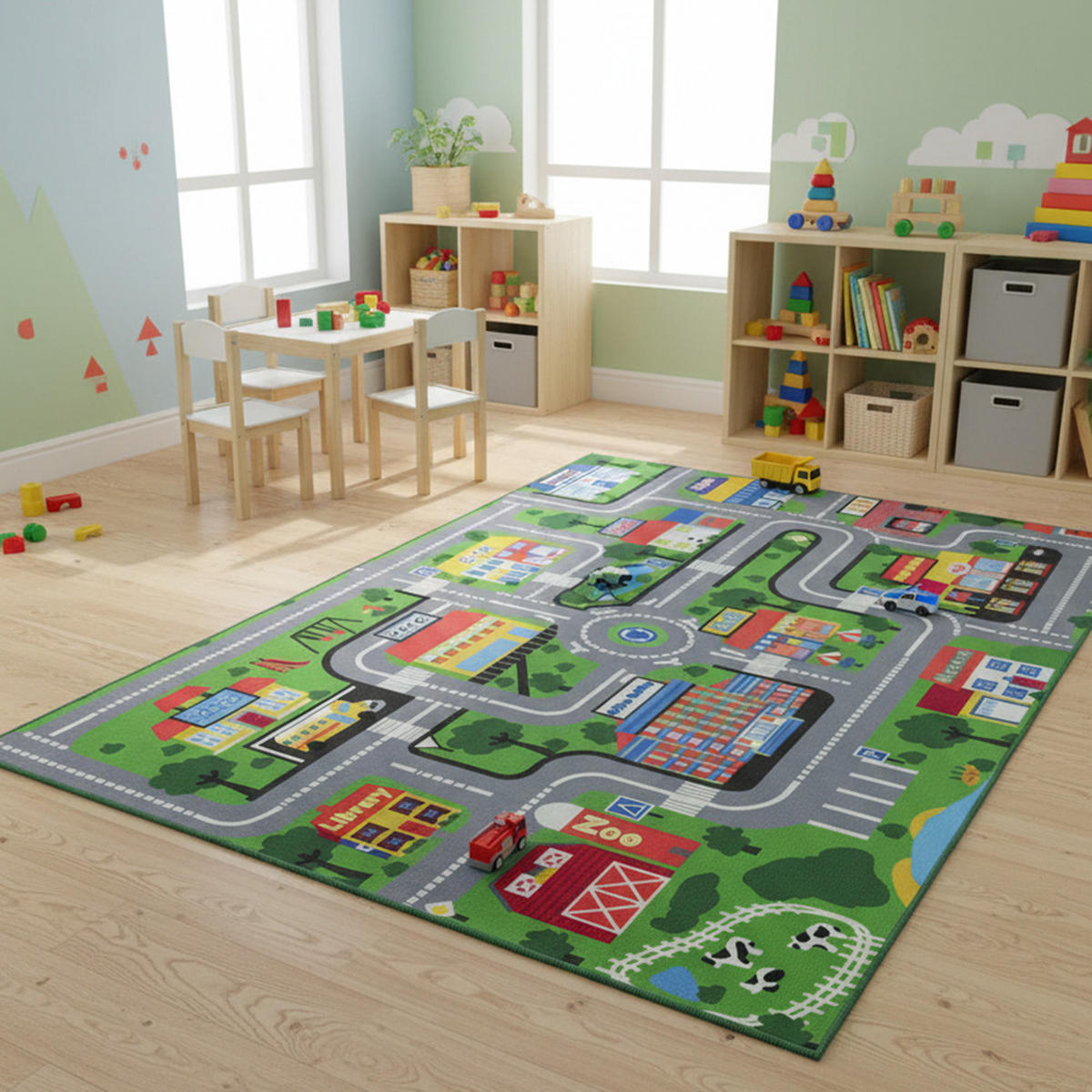KINDERTEPPICH Bambini Borgo Mazovia 140x200cm Grau Grün Autos Kurzflor - Multicolor, Textil (140/200cm) - Mazovia