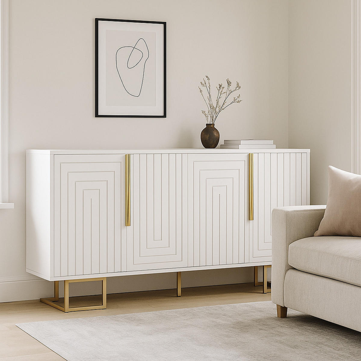 SIDEBOARD mit 3 Türen und Goldenen Akzenten Weiß - Weiß, Holzwerkstoff/Metall (152/75/40cm) - Urban Meuble