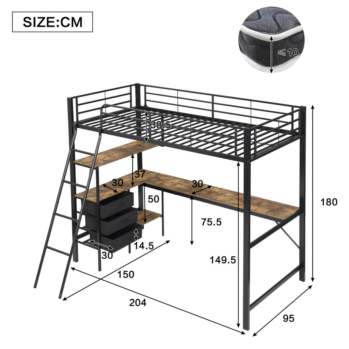 HOCHBETT 90/200 cm in Schwarz mit 2 m Schreibtisch und 3 Schubladen - Schwarz, Metall (90/200cm) - Flora Grace