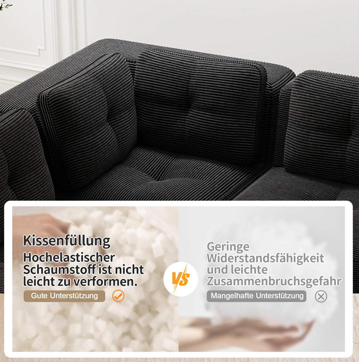 ECKSOFA 208/177/69 cm schwarz aus Cord mit modularem Design und beweglichem Hocker - Schwarz, Textil (177/208cm) - OKWISH