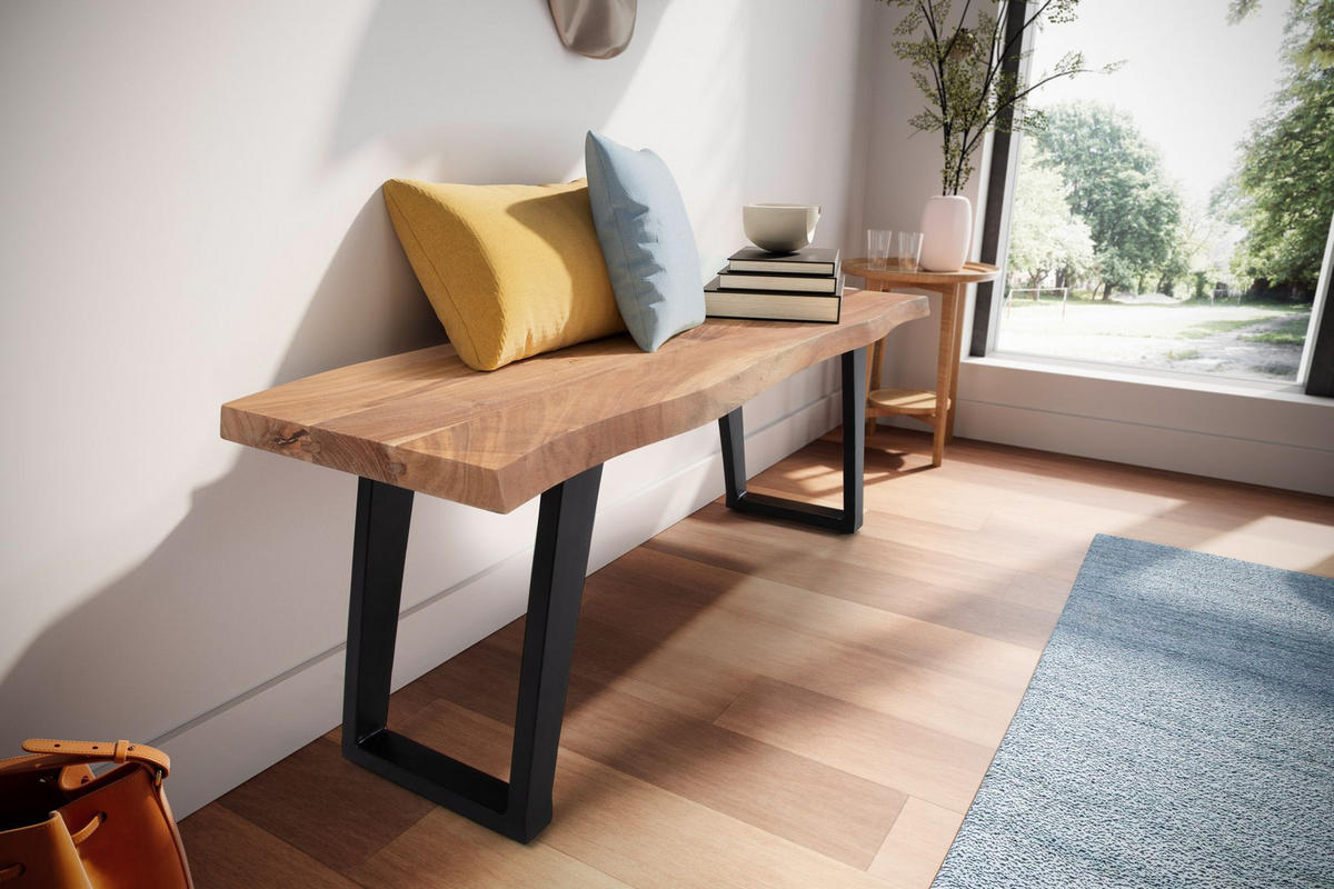 SITZBANK – Akazie Massivholz/Metall, 120x40x45,5 cm, mit Baumkante, U-Beine - Schwarz/Braun, Holz/Metall (120/46/40cm) - KADIMA DESIGN