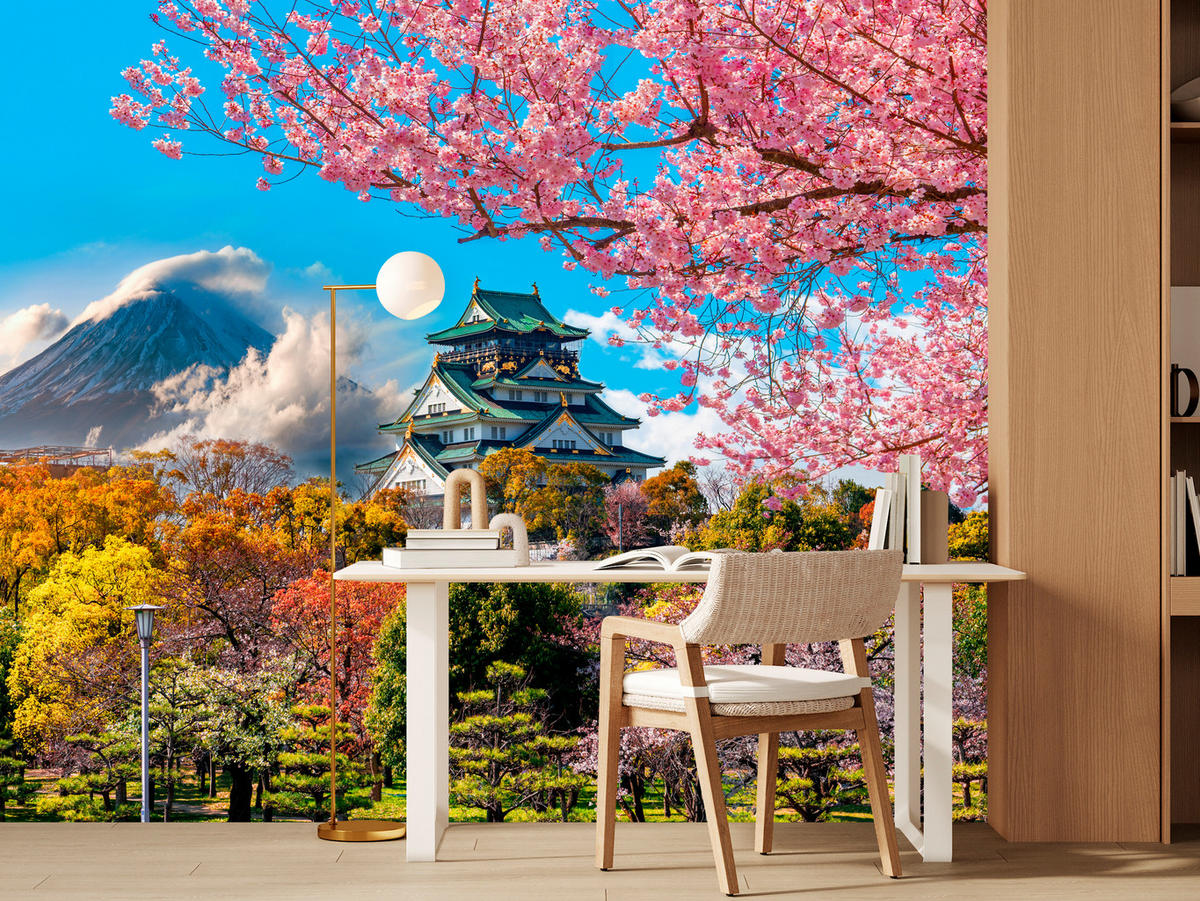 FOTOTAPETE für Wohnzimmer Kirschblüten Osaka Burg Japan Berge Bäume 200x140 - Gelb/Rosa, Papier (200/140cm) - Muralo