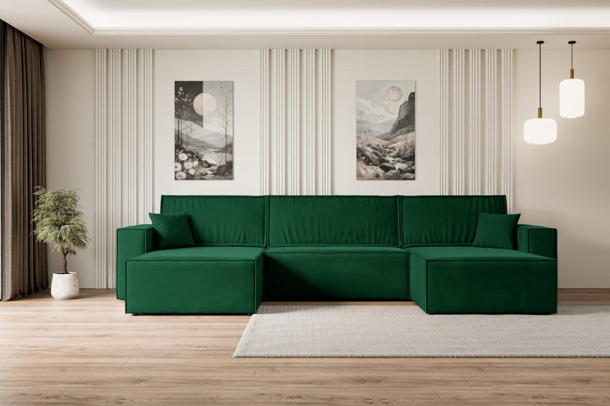 WOHNLANDSCHAFT mit Schlaffunktion und Bettkasten CELTIC-XLU - 377x143x83 cm Grün Velours - Schwarz/Grün, Holzwerkstoff/Kunststoff (377/83/143cm) - ALTDECOR