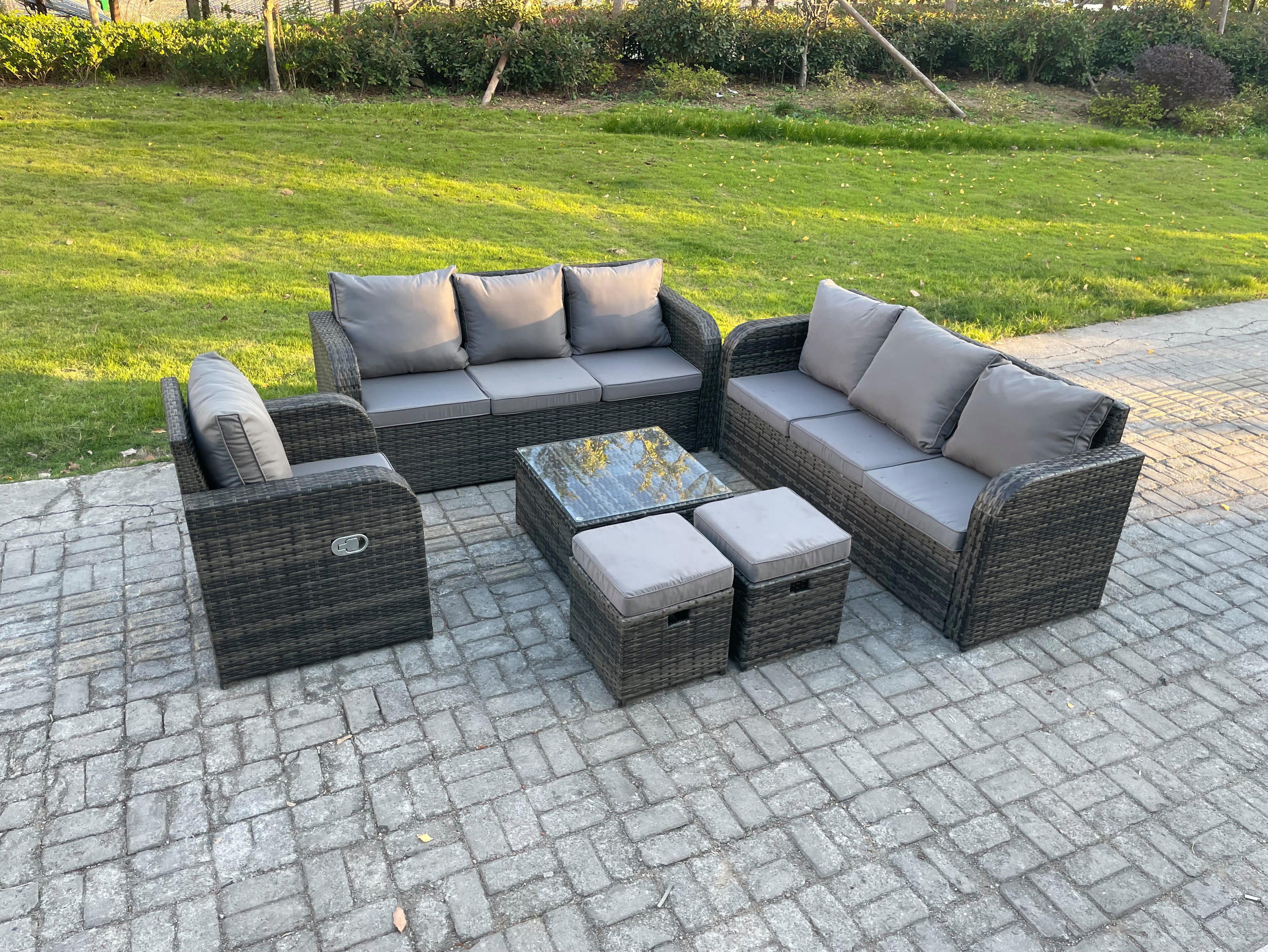 GARTENMÖBEL SET mit 3-SITZER SOFA Polyrattan Dunkelgrau 9-Sitzer - Dunkelgrau/Grau, Glas/Kunststoff - Fimous