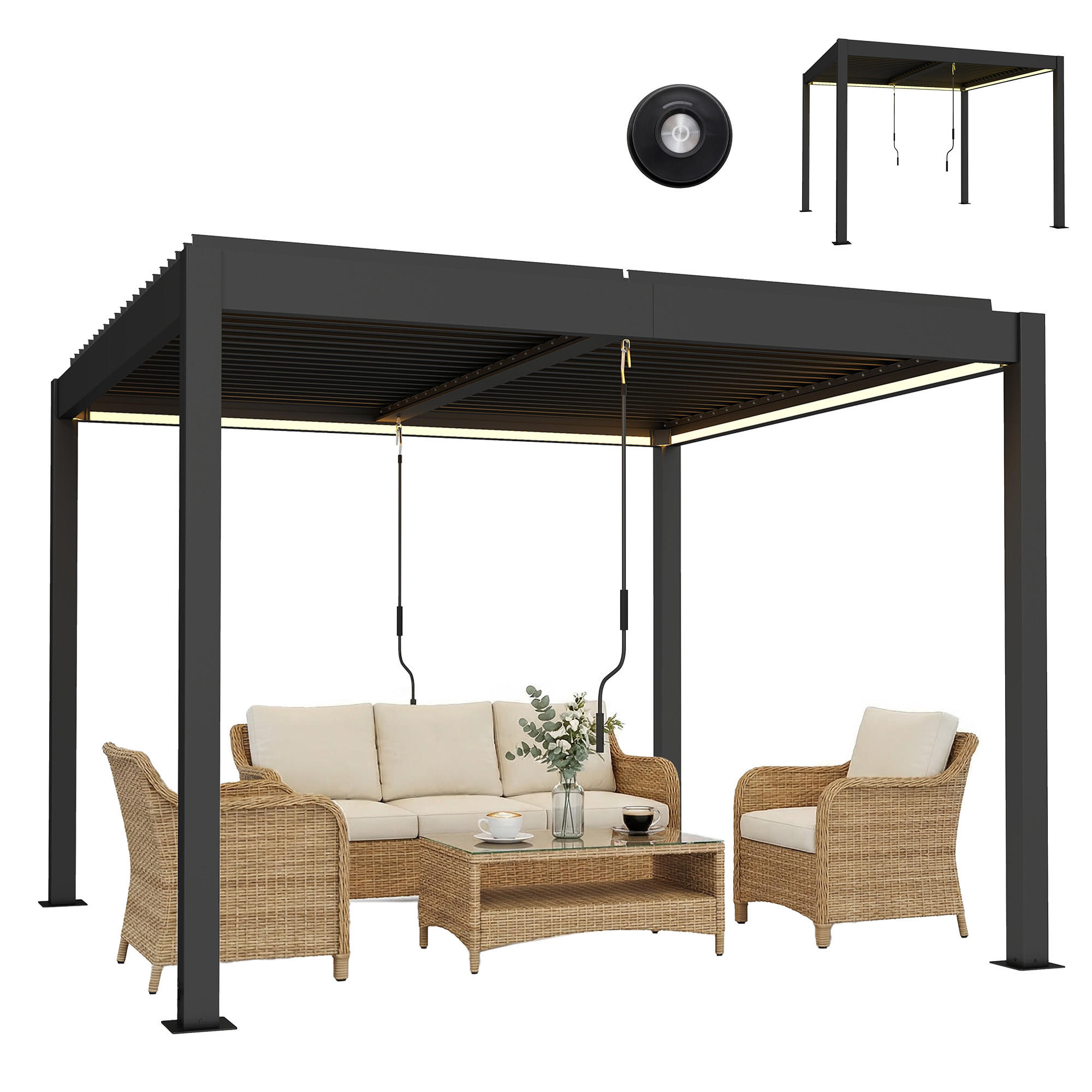PERGOLA 3x3 m Aluminium Terrassenüberdachung mit LED-Beleuchtung Fernbedienung verstellbar Lamellendach - Dunkelgrau, Metall (300/250/300cm)