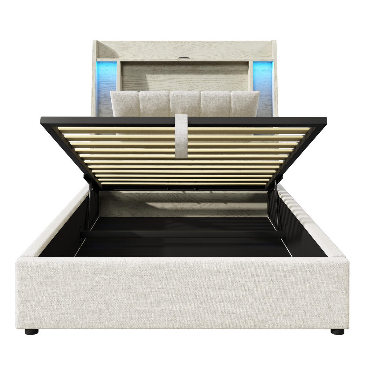 STAURAUMBETT 90/200 cm DE-04876, mit LED und Klappfach in Beige - Beige, Holzwerkstoff/Metall (90/200cm) - ComfortXL