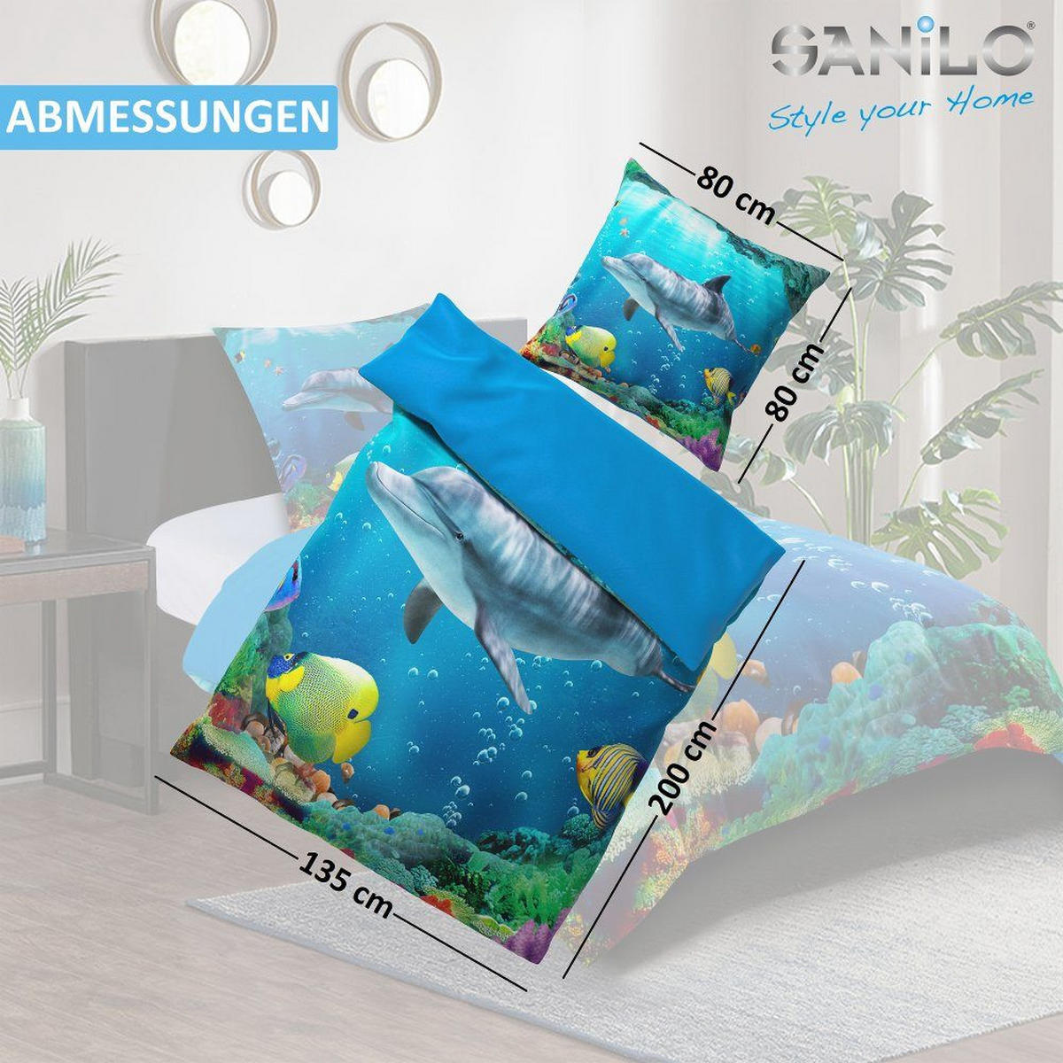 BETTWÄSCHE 4-teilig Delphin - Blau, Naturmaterialien (135/200cm) - Sanilo