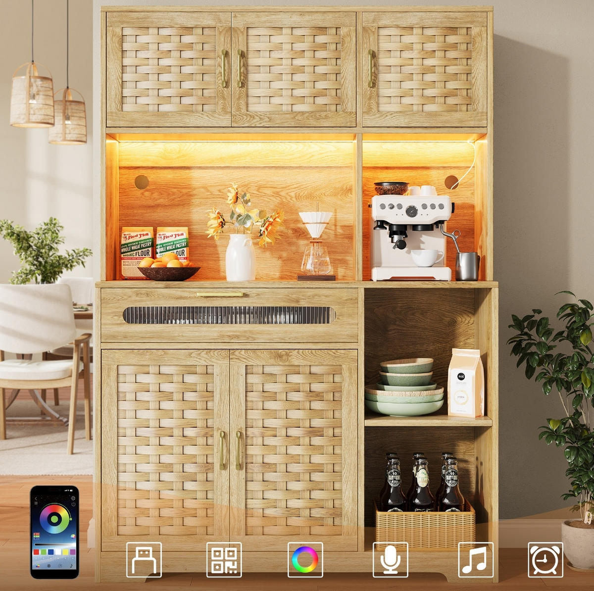 ANRICHTE Hochschrank 120/40/180 cm aus MDF Glas und Metall mit LED-Beleuchtung Natur - Naturfarben, Holzwerkstoff (120/180/40cm) - Modenvie