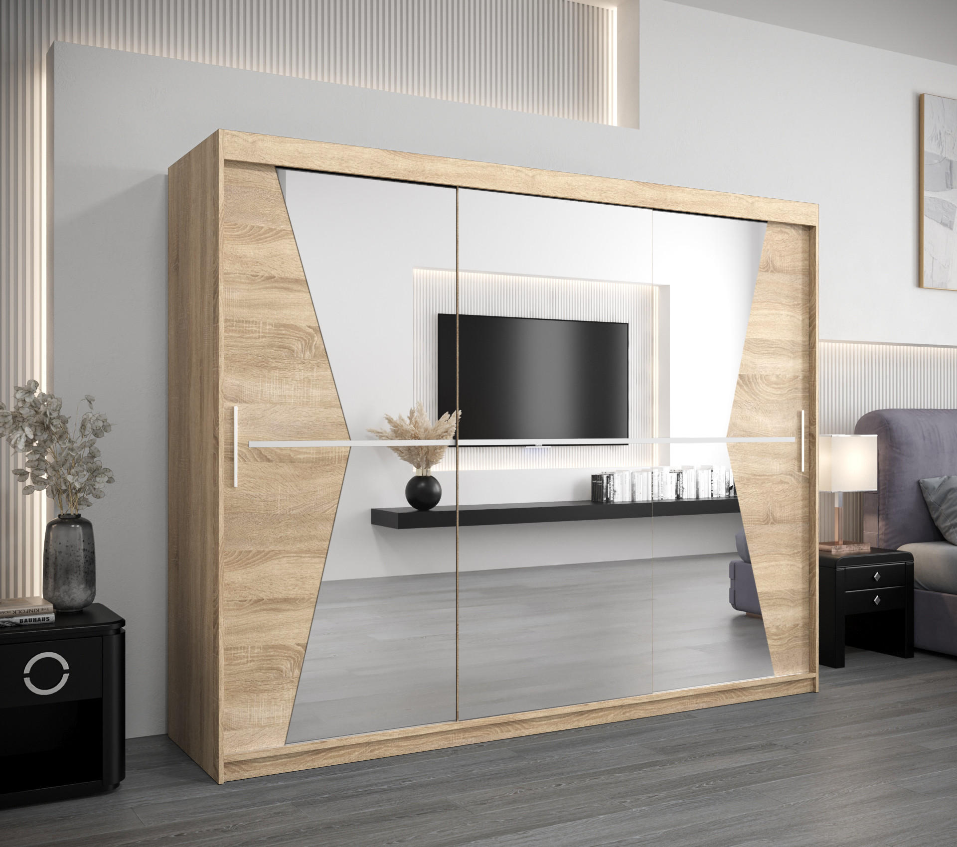SCHWEBETÜRENSCHRANK 200/250/62 3-türig - Silberfarben/Sonoma Eiche, Holz/Kunststoff (250/200/62cm) - MÖBEL KRYSPOL