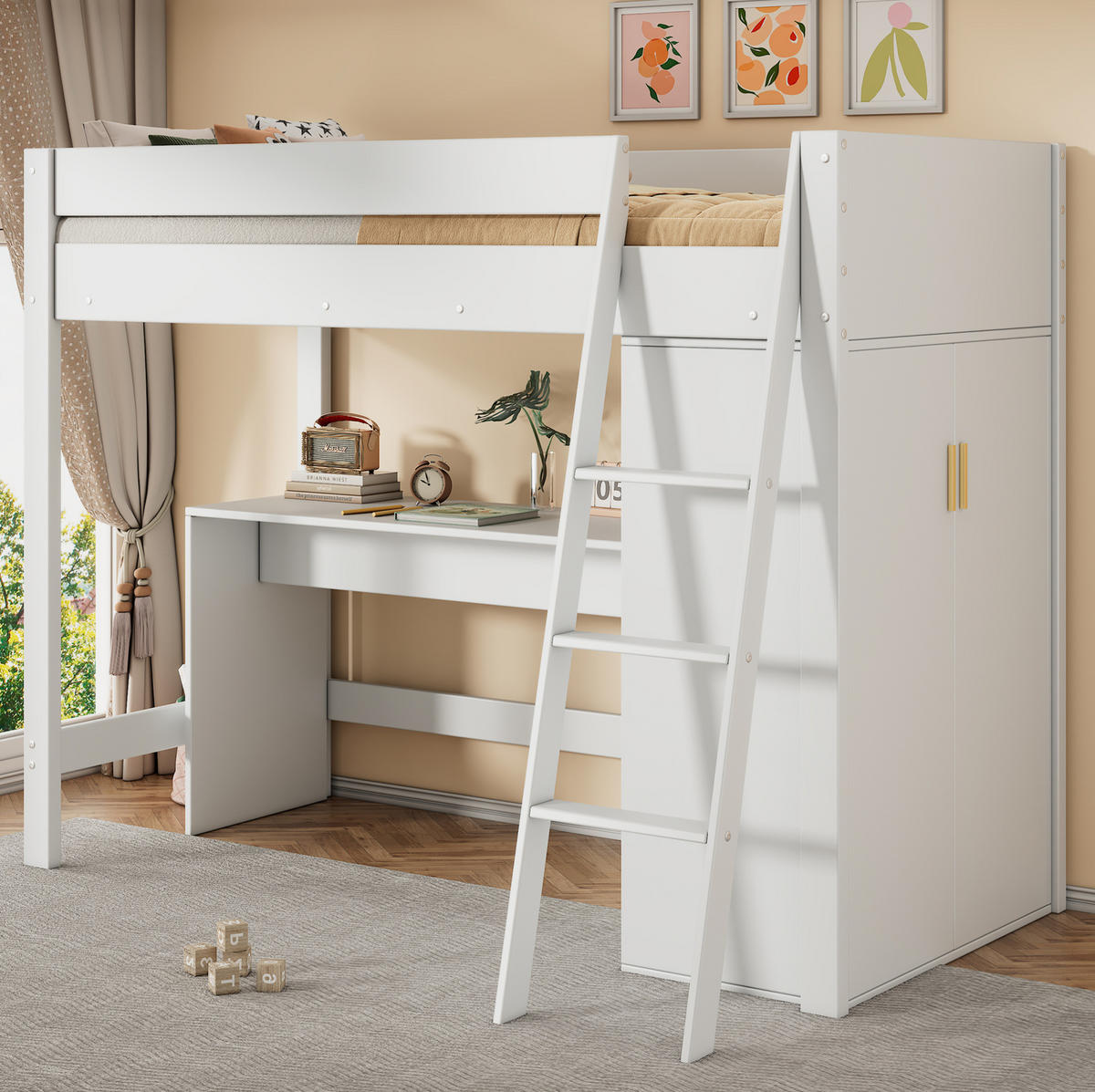 HOCHBETT 90/200 cm in Weiß mit Schreibtisch und Kleiderschrank - Weiß, Holzwerkstoff (90/200cm) - Flora Grace