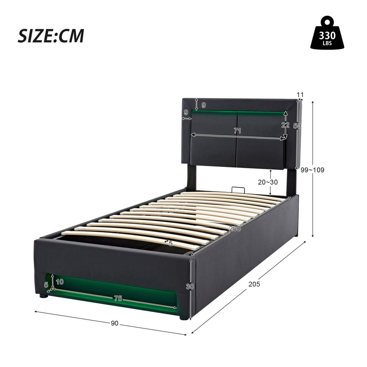POLSTERBETT mit USB, LED und Stauraum 90x200 cm PU Schwarz - Schwarz, Metall (90/200cm) - Meubliv