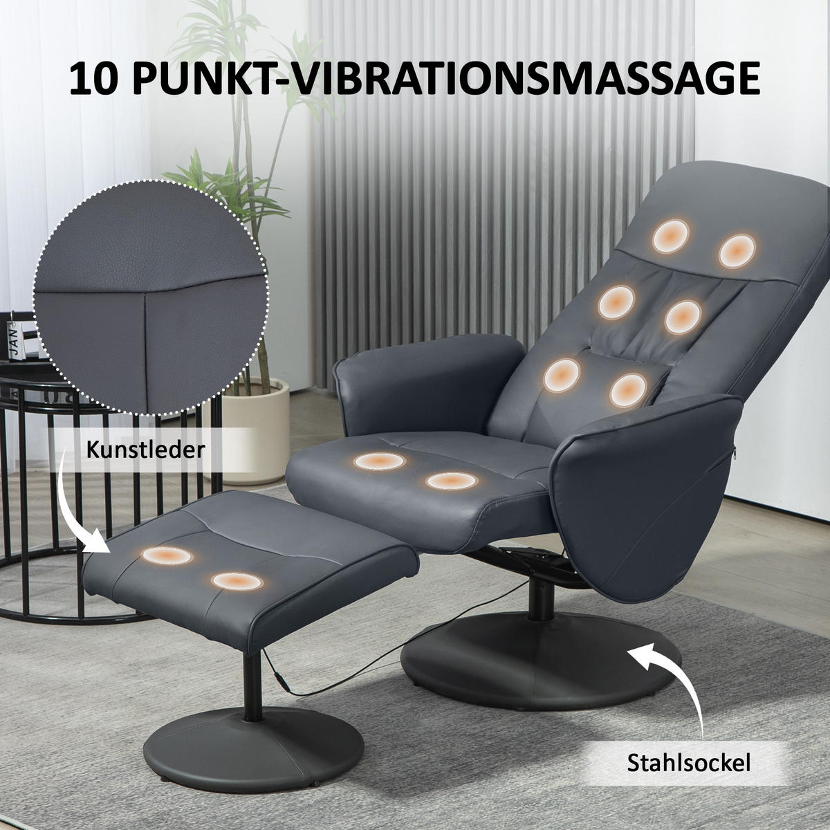 RELAXSESSEL mit Fußhocker, Elektrischer Massagesessel mit Liegefunktion - Dunkelgrau, Metall (81/105/76cm) - HOMCOM