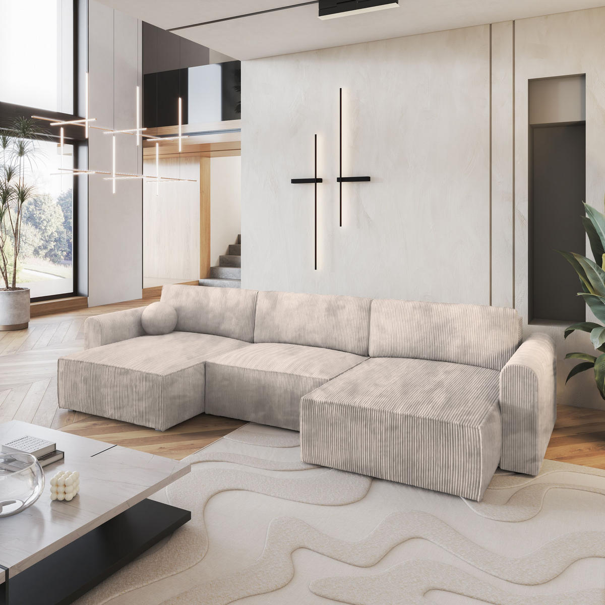 WOHNLANDSCHAFT FENTO P Creme Kordstoff mit Schlaffunktion - Creme, Holz (347/90/148cm) - MASSENO