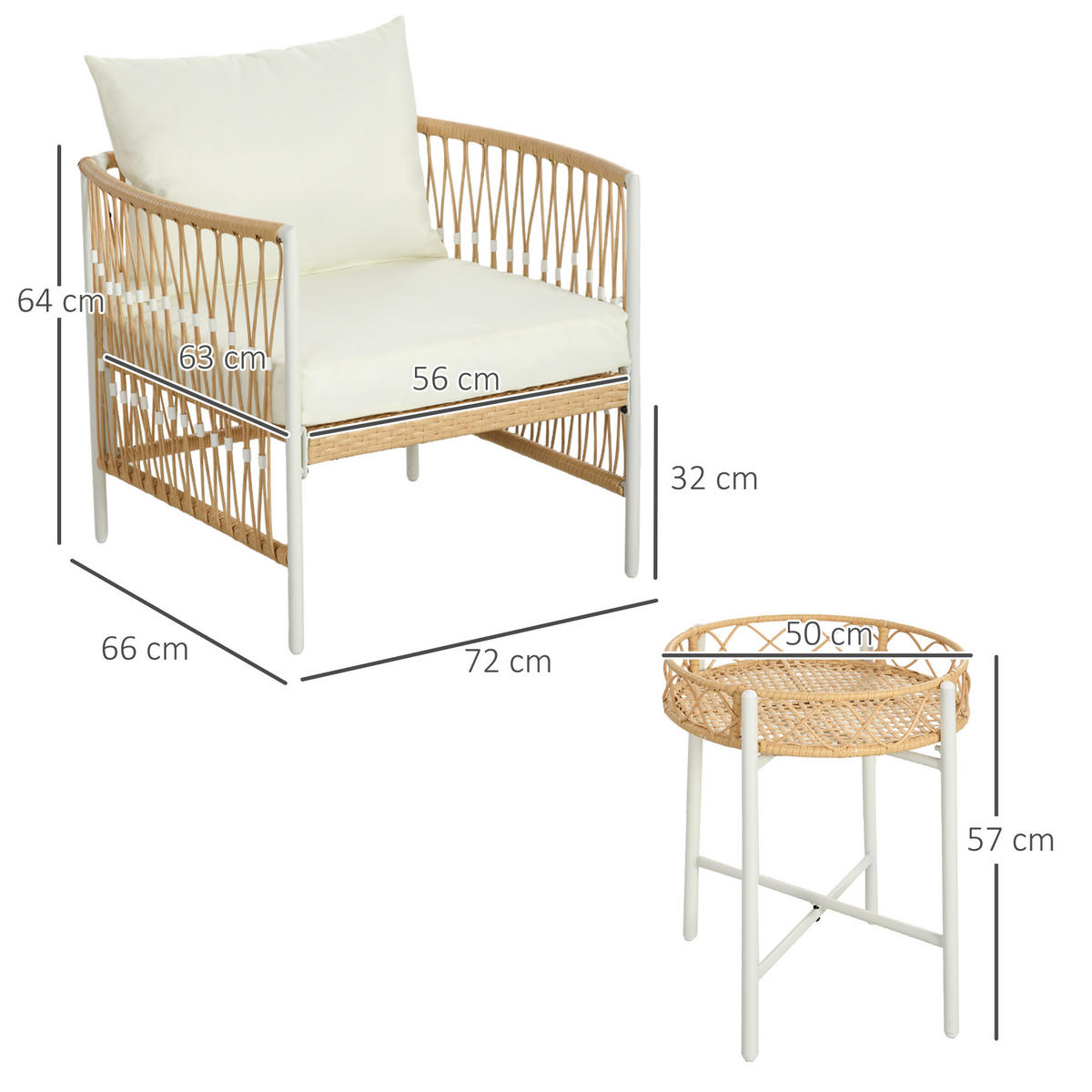 GARTENGARNITUR mit 2 Gartenstühle, 3er-Set Rattan Gartenmöbel-Set, Gelb+Creme - Gelb, Kunststoff - Outsunny