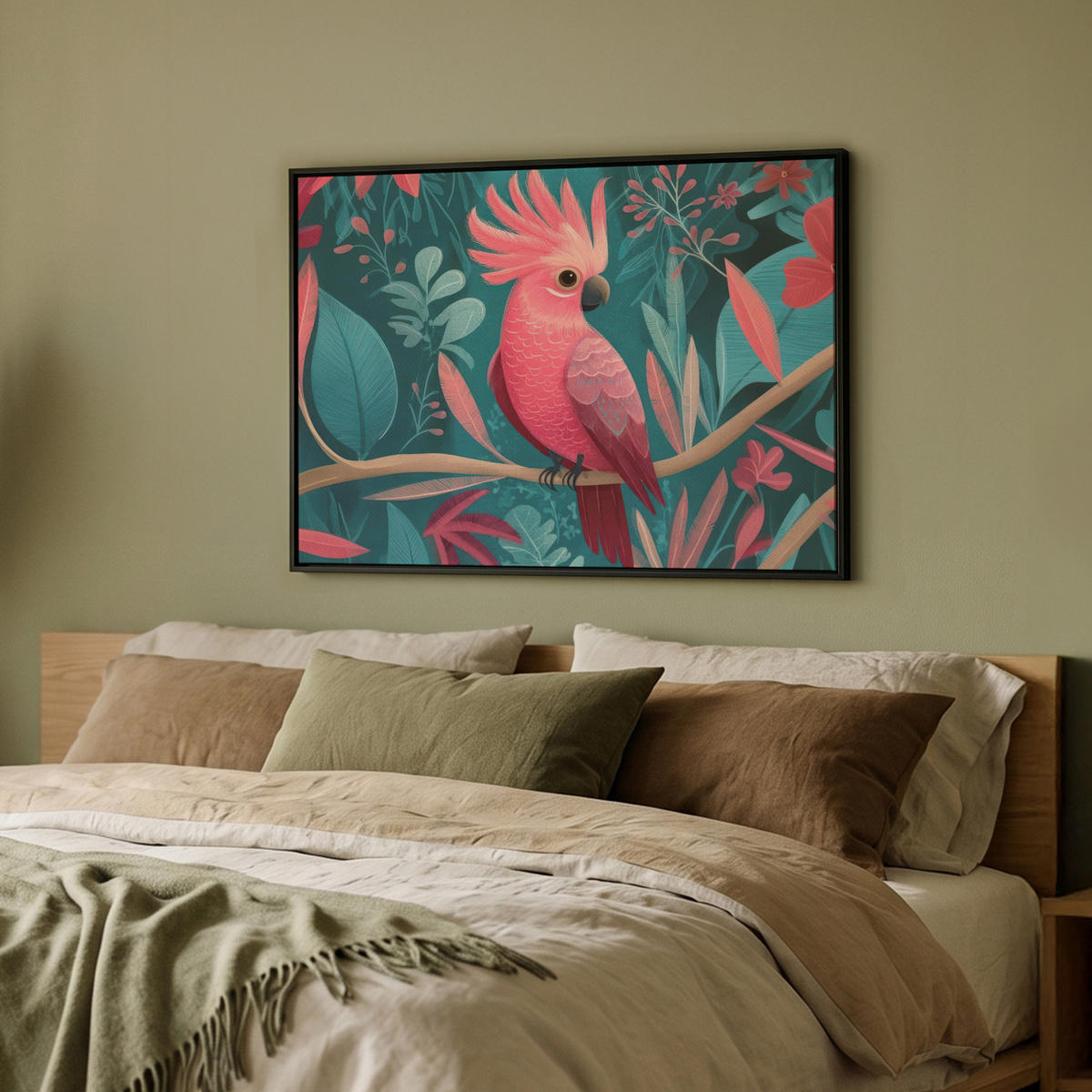 LEINWAND Bilder mit Rahmen - Kakadu - Tropische Blätter - Zweig - 70x50 - Petrol, Textil (70/50cm) - MuchoWow