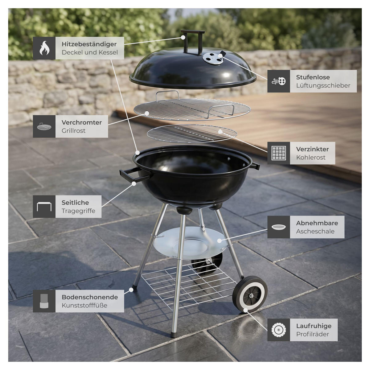 KUGELGRILL , Ø Rost 41,5 cm, schwarz/silber - Silberfarben/Schwarz, Metall (41.5/75cm) - tectake
