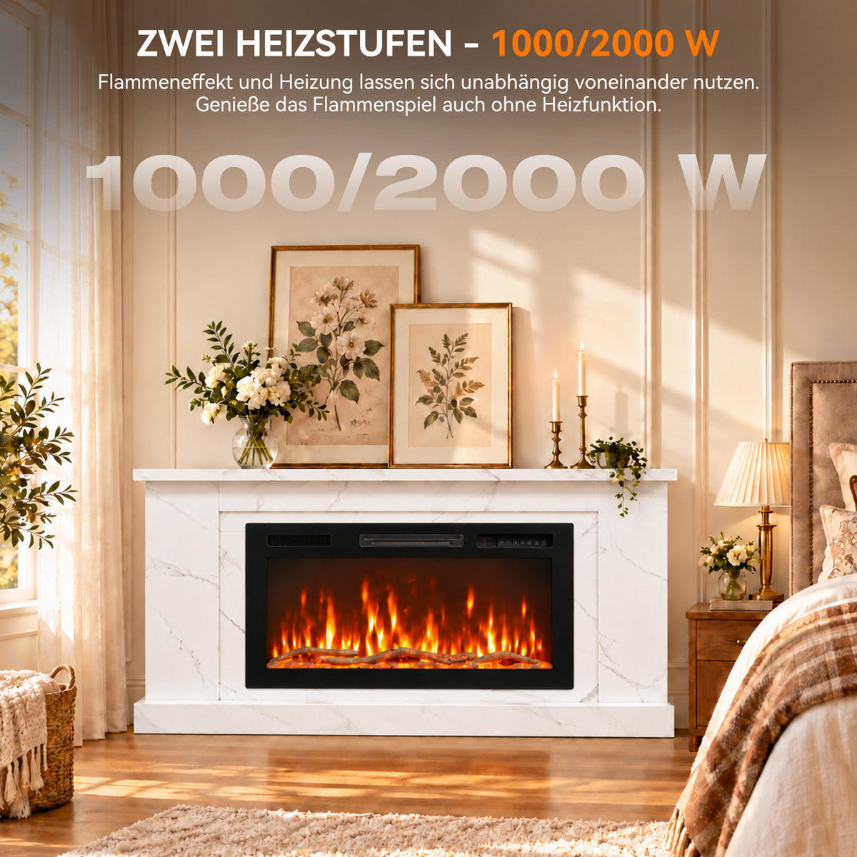 ELEKTROKAMIN mit Schrank, , 36 Zoll, 1000/2000 W Heizleistung, Steuerung über App - Weiß, Holzwerkstoff (27.5/66/152cm)