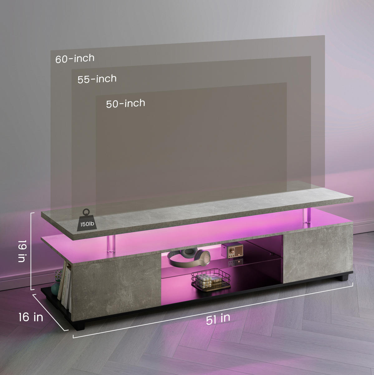 TV-LOWBOARD aus Holzwerkstoff 130x40x48 cm Grau/Schwarz mit LED-Beleuchtung und Stauraum - Schwarz, Holzwerkstoff (130/48/40cm) - IVMEU